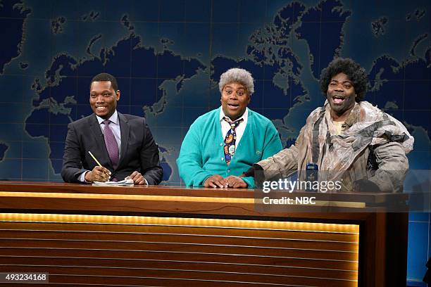 Tracy Morgan" Episode 1686 -- Pictured: Michael Che, Kenan Thompson as Willie, and Tracy Morgan as Woodrow during Weekend Update on October 17, 2015...