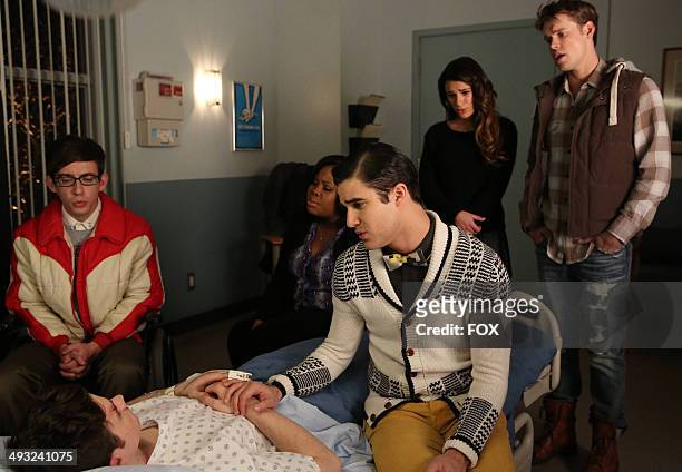 Kevin McHale, Amber Riley, Lea Michele, Chord Overstreet, Darren Criss and Chris Colfer in the "Bash" episode of GLEE airing Tuesday, April 8, 2014...