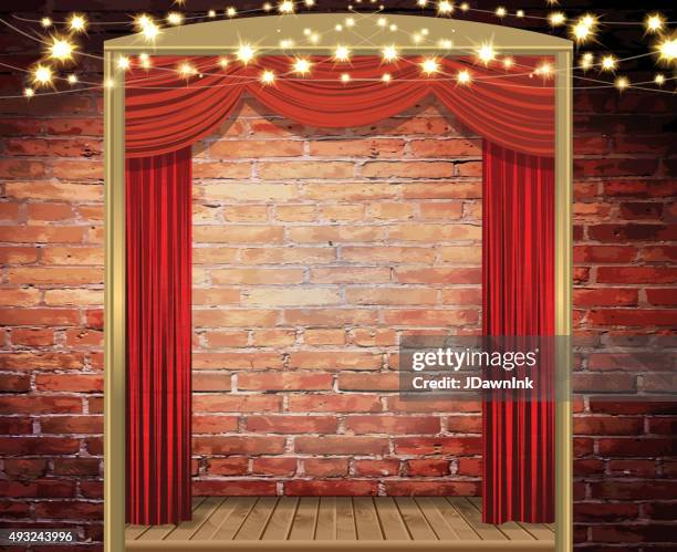 theatre stage rustic brick wall with elegant string lights, curtains - golden wedding card background stock illustrations