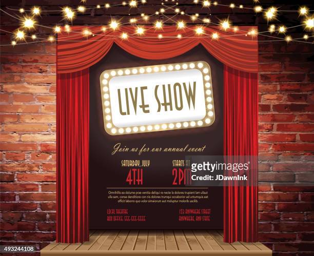 live-show bühne rustikale wand, elegante grüne lichter, vorhänge - theater stock-grafiken, -clipart, -cartoons und -symbole