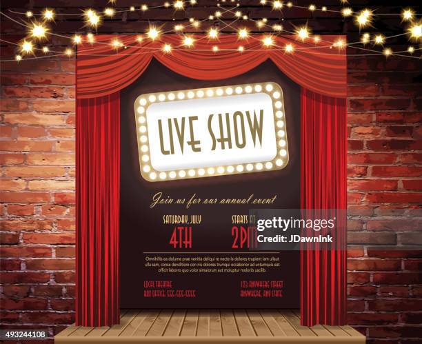 live-show bühne rustikale wand, elegante grüne lichter, vorhänge - teatro stock-grafiken, -clipart, -cartoons und -symbole