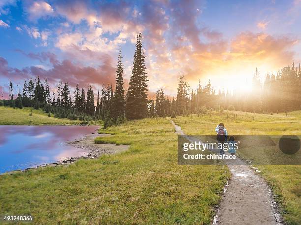 mother hiking with daughter at mt.rainier - washington state stock pictures, royalty-free photos & images