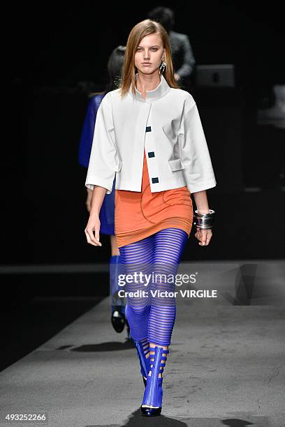 Model walks the runway during the Tae Ashida Ready to Wear show as part of Mercedes Benz Fashion Week TOKYO 2016 S/S on October 16, 2015 in Tokyo,...