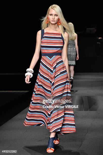 Model walks the runway during the Tae Ashida Ready to Wear show as part of Mercedes Benz Fashion Week TOKYO 2016 S/S on October 16, 2015 in Tokyo,...