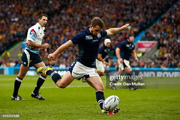 Greig Laidlaw of Scotland kicks at goal during the 2015 Rugby World Cup Quarter Final match between Australia and Scotland at Twickenham Stadium on...