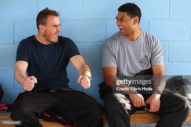 Josh Reynolds and Daniel Tupou share a joke during a New South Wales Blues State of Origin karting session on May 23, 2014 in Coffs Harbour,...