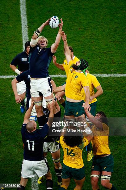 Richie Gray of Scotland jumps for a lineout ball with Scott Fardy of Australia during the 2015 Rugby World Cup Quarter Final match between Australia...