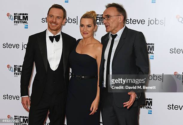 Michael Fassbender, Kate Winslet and director Danny Boyle attend a gala screening of "Steve Jobs" on the closing night of the BFI London Film...
