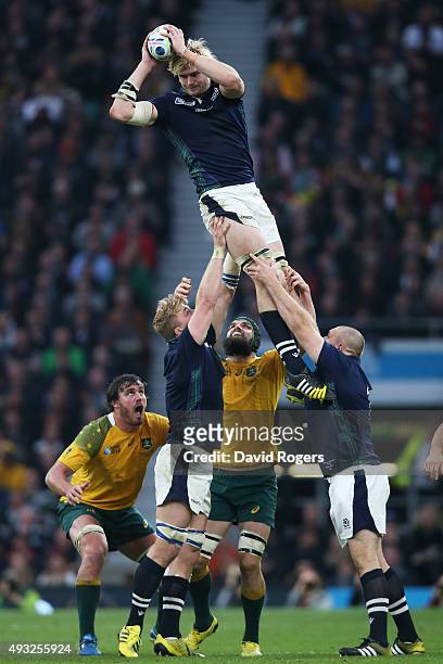Richie Gray of Scotland wins lineout during the 2015 Rugby World Cup Quarter Final match between Australia and Scotland at Twickenham Stadium on...