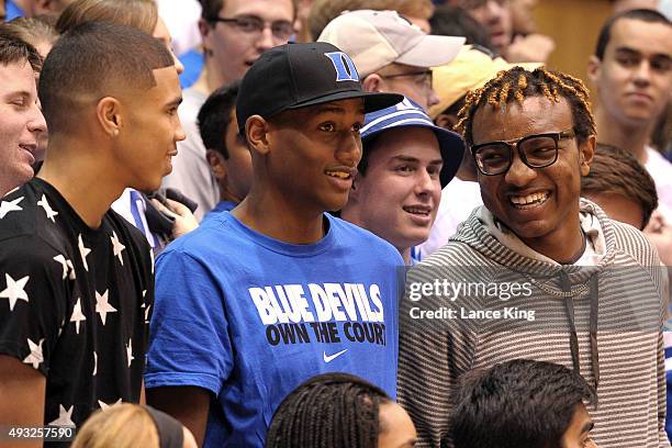 High school basketball players Jayson Tatum , Javin DeLaurier and Wendell Carter share a laugh during Duke Countdown to Craziness at Cameron Indoor...