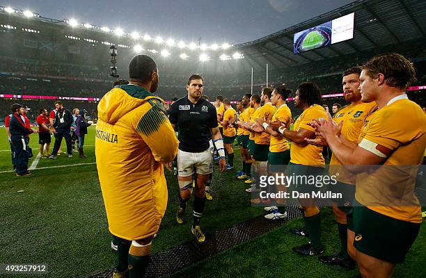 Sean Lamont of Scotland is applauded from the field by Australian players after the 2015 Rugby World Cup Quarter Final match between Australia and...