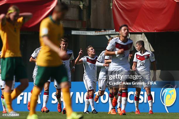 Felix Passlack of Germany celebrates his team's first goal during the FIFA U-17 World Cup Chile 2015 Group C match between Australia and Germany at...