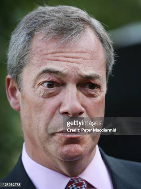 United Kingdom Independence Party leader Nigel Farage talks to reporters on May 23, 2014 near Biggin Hill, England. Early local election results...