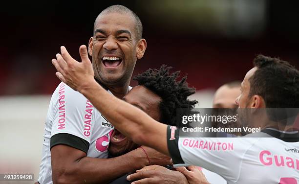 Rodrigo of Vasco celebrates scoring the second goal during the match between Sao Paulo and Vasco for the Brazilian Series A 2015 at Estadio do...