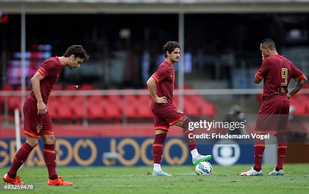 Rodrigo Caio, Pato and Luis Fabiano of Sao Paulo looking dejected after the second goal of Vasco during the match between Sao Paulo and Vasco for the...