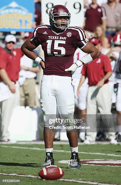 Myles Garrett of the Texas A&M Aggies is seen on the field during their game against the Alabama Crimson Tide at Kyle Field on October 17, 2015 in...