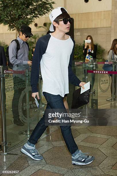 Eunhyuk of South Korean boy band Super Junior M is seen on departure at Gimpo International Airport on May 22, 2014 in Seoul, South Korea.