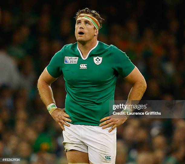 Jamie Heaslip of Ireland looks on during the 2015 Rugby World Cup Quarter Final match between Ireland and Argentina at Millennium Stadium on October...