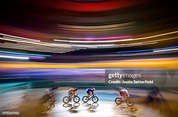 Riders in action during the the Elimination race round of the 1878 Cup during day one of the London Six Day Race at the Lee Valley Velopark on...