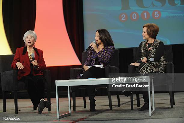 Rita Moreno, Maria Hinojosa, and Adriana Barraza speak onstage during Festival PEOPLE En Espanol 2015 presented by Verizon at Jacob Javitz Center on...