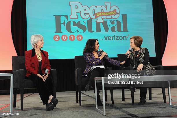 Rita Moreno, Maria Hinojosa, and Adriana Barraza speak onstage during Festival PEOPLE En Espanol 2015 presented by Verizon at Jacob Javitz Center on...