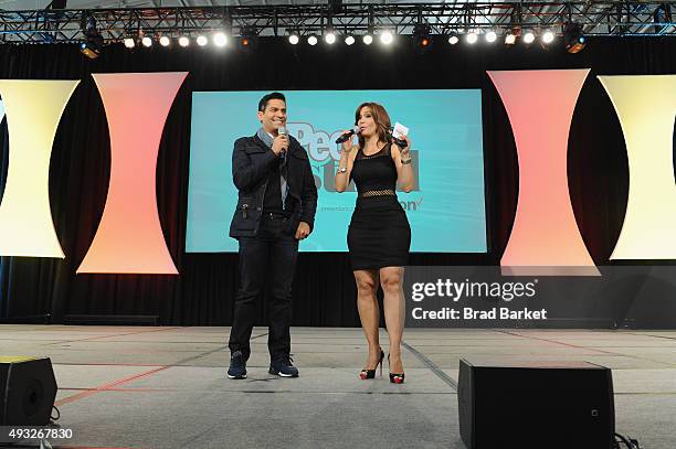 Ismael Cala and Liliana Ayende speak onstage during Festival PEOPLE En Espanol 2015 presented by Verizon at Jacob Javitz Center on October 18, 2015...