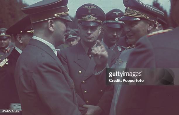 German Chancellor Adolf Hitler in conversation with Foreign Minister Joachim von Ribbentrop , Heinrich Himmler and Hermann Goering on right. Grand...