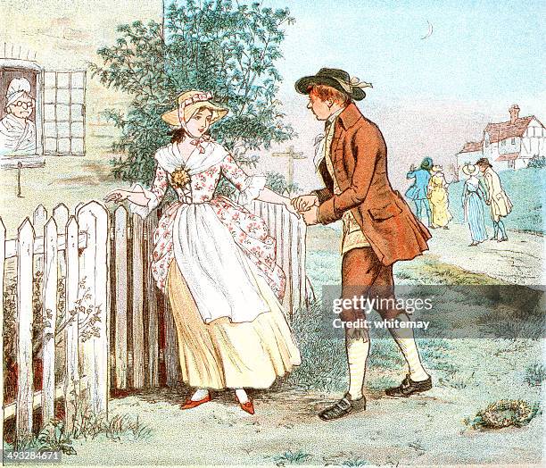 young georgian man bidding goodbye to his sweetheart - 18th century style stock illustrations