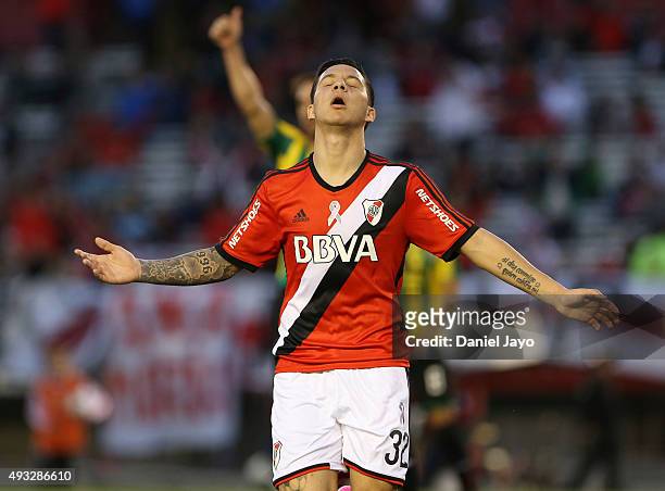 Sebastian Driussi of River Plate reacts after missing a chance to score during a match between River Plate and Aldosivi as part of round 28 of Torneo...