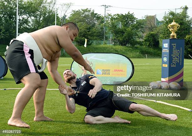 Sumo world championships openweight champion Naranbat Gankhuyag of Mongolia throws rugby union player Shane Williams of Wales during their sumo fight...