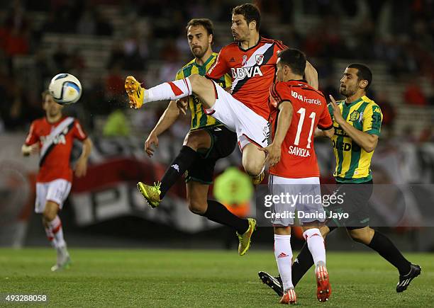 Rodrigo Mora of River Plate kicks to score during a match between River Plate and Aldosivi as part of round 28 of Torneo de Primera Division at...