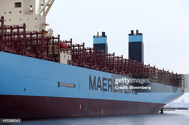 The Marstal Maersk Triple-E Class container ship, operated by A.P. Moeller-Maersk A/S, sits berthed at the company's container yard in Yokohama,...