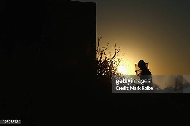 Member of the GAMF Hungary wears an inselt screened hat as he watches as the sun hits the solar panels at dawn before racing in the Challenger Class...