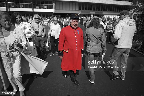 Chelsea Pensioner walks with visitors to the RHS Chelsea Flower Show in the grounds of the Royal Hospital Chelsea on May 22, 2014 in London, England....
