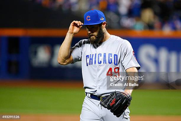 Jake Arrieta of the Chicago Cubs reacts in the first inning against the New York Mets during game two of the 2015 MLB National League Championship...