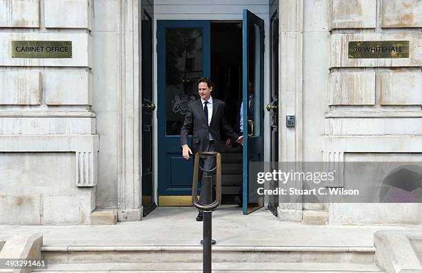 Liberal Democrat Leader and Deputy Prime Minister, Nick Clegg leaves The Cabinet Office, Whitehall this morning after disappointing results in the UK...