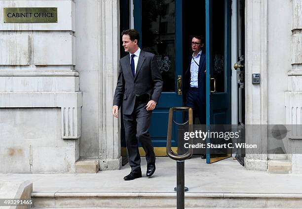 Liberal Democrat Leader and Deputy Prime Minister, Nick Clegg leaves The Cabinet Office, Whitehall this morning after disappointing results in the UK...