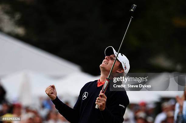 Emiliano Grillo of Argentina celebrates after winning in the final round of the Frys.com Open on October 18, 2015 at the North Course of the...