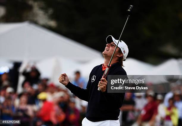 Emiliano Grillo of Argentina celebrates after winning in the final round of the Frys.com Open on October 18, 2015 at the North Course of the...