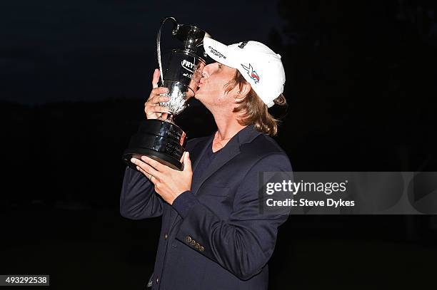 Emiliano Grillo of Argentina celebrates with the trophy after winning in the final round of the Frys.com Open on October 18, 2015 at the North Course...