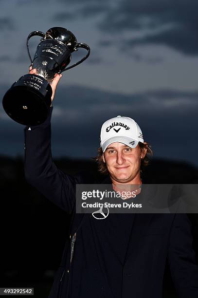 Emiliano Grillo of Argentina celebrates with the trophy after winning in the final round of the Frys.com Open on October 18, 2015 at the North Course...