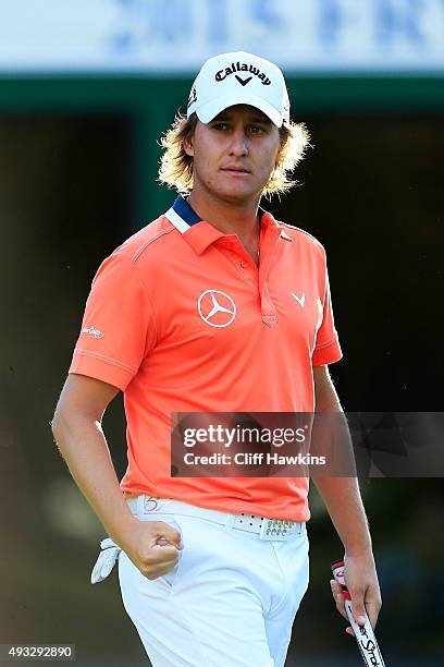 Emiliano Grillo of Argentina reacts after putting on the 18th green to take the lead prior to winning against Kevin Na in a playoff during final...