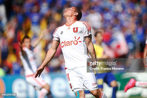 Sebastian Ubilla of Universidad de Chile gestures during a match between U de Concepcion and U de Chile as part of 9th round of Torneo Apertura 2015...