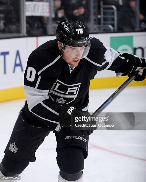 Tanner Pearson of the Los Angeles Kings skates during warmups before the game against the Colorado Avalanche at STAPLES Center on October 18, 2015 in...