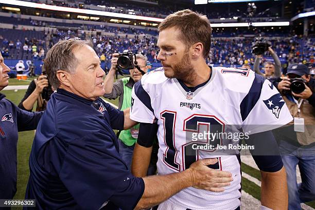 Head coach Bill Belichick and Tom Brady of the New England Patriots congratulate each other after the game against the Indianapolis Colts at Lucas...
