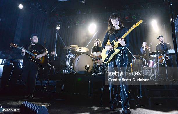 Guitarist Ragnar Porhallsson and singer/guitarist Nanna Bryndis Hilmarsdottir from the band Of Monsters and Men perform onstage at El Rey Theatre on...