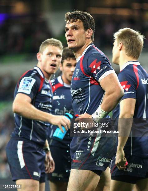 Mitch Inman of the Rebels looks on after the Waratahs score a try during the round 15 Super Rugby match between the Rebels and the Waratahs at AAMI...