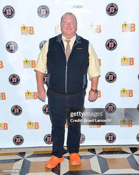 Mario Batali attends the 4th Annual Mario Batali Foundation dinner honoring Gretchen Witt at Del Posto Ristorante on October 18, 2015 in New York...