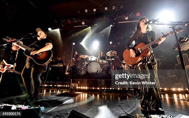 Musicians Ragnar Porhallsson and Nanna Bryndis Hilmarsdottir of Of Monsters and Men perform to benefit MusiCares at the El Rey Theatre on October 18,...