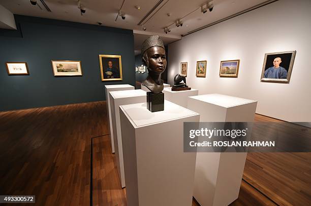 This photograph taken on October 15, 2015 shows the general view of the DBS Singapore gallery 1 exhibit at the newly restored National Gallery,...